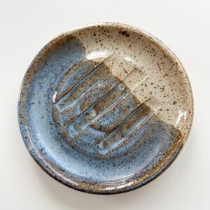 Handmade‎ Stoneware Glazed Pottery Round Soap Dish Signed Blue Cream 4.5"